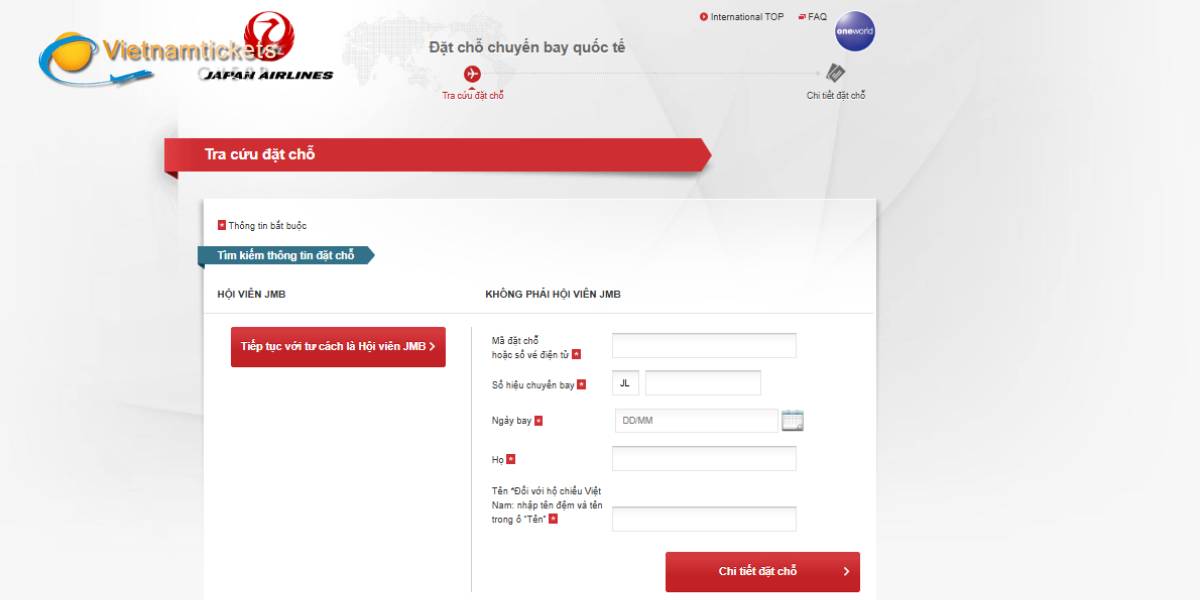 Kiểm tra vé qua Website Japan Airlines
