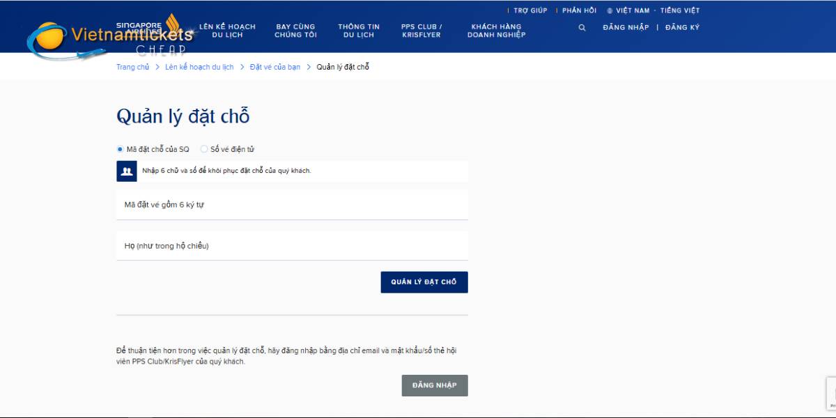 Kiểm tra vé qua Website Singapore Airlines