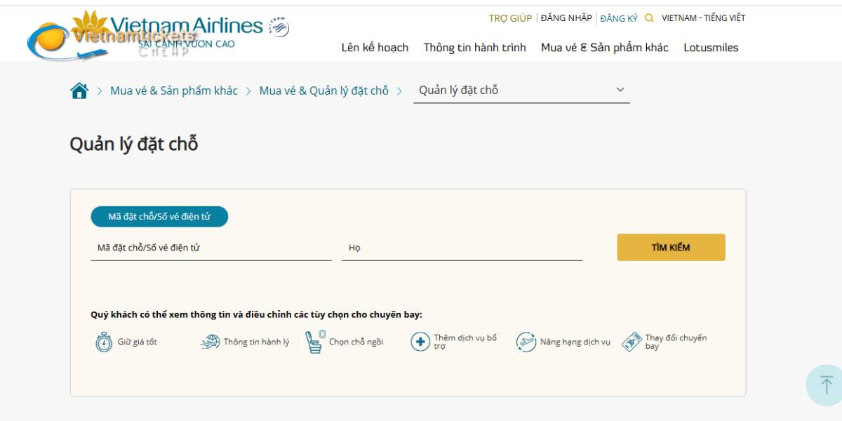 Kiểm tra vé qua Website Vietnam Airlines