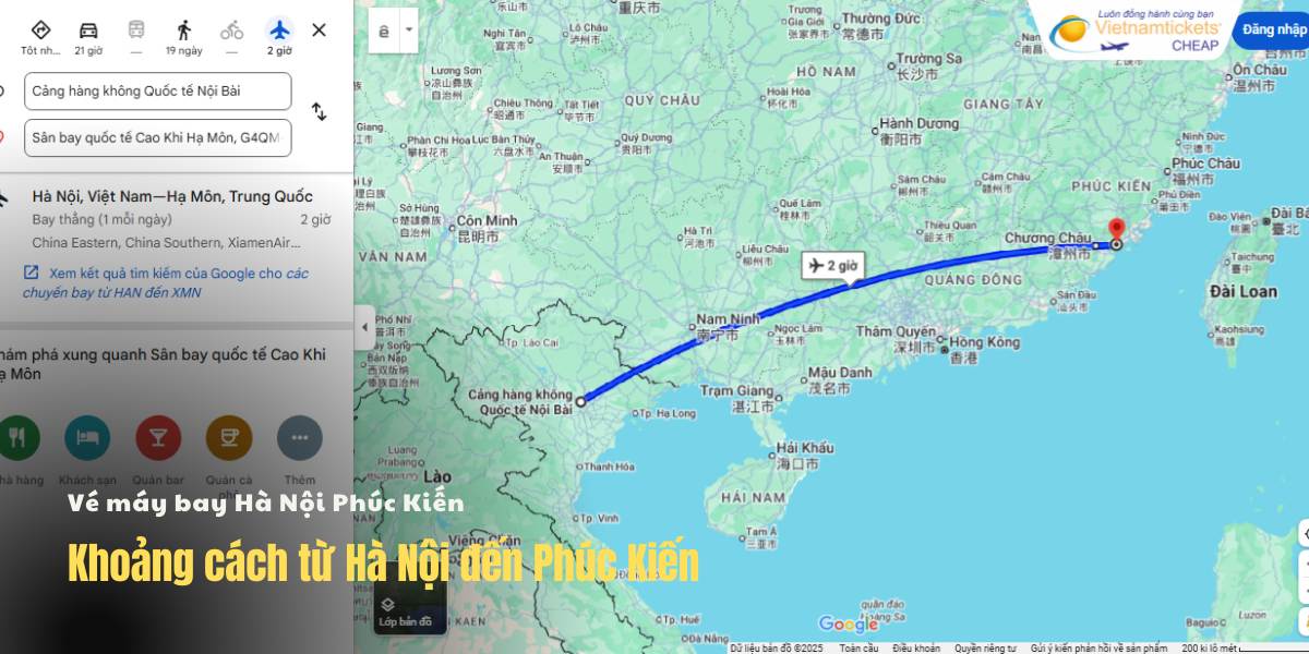 Khoảng cách từ Hà Nội đến Phúc Kiến